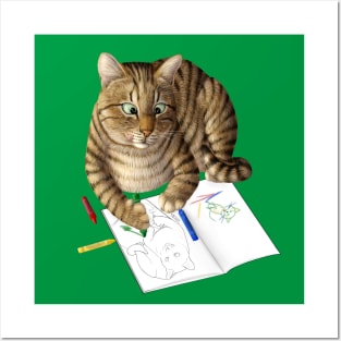 Coloring cat. Tabby cat with coloring book Posters and Art
